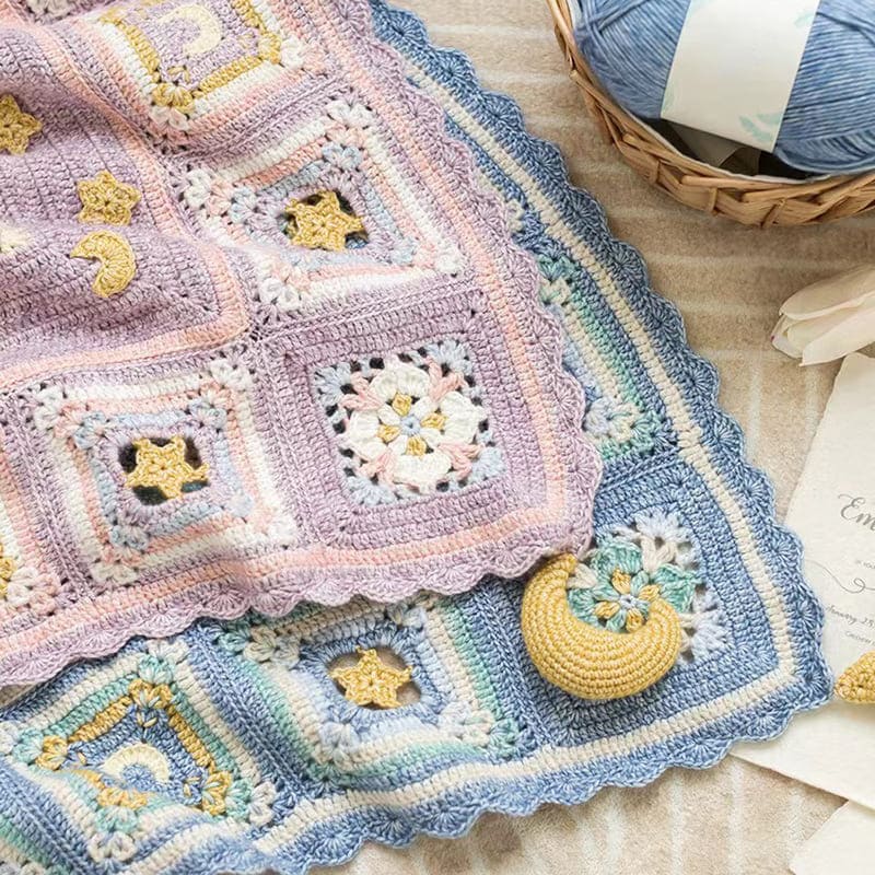 Dreamy Moon & Star Motif Handmade Crochet Blanket
