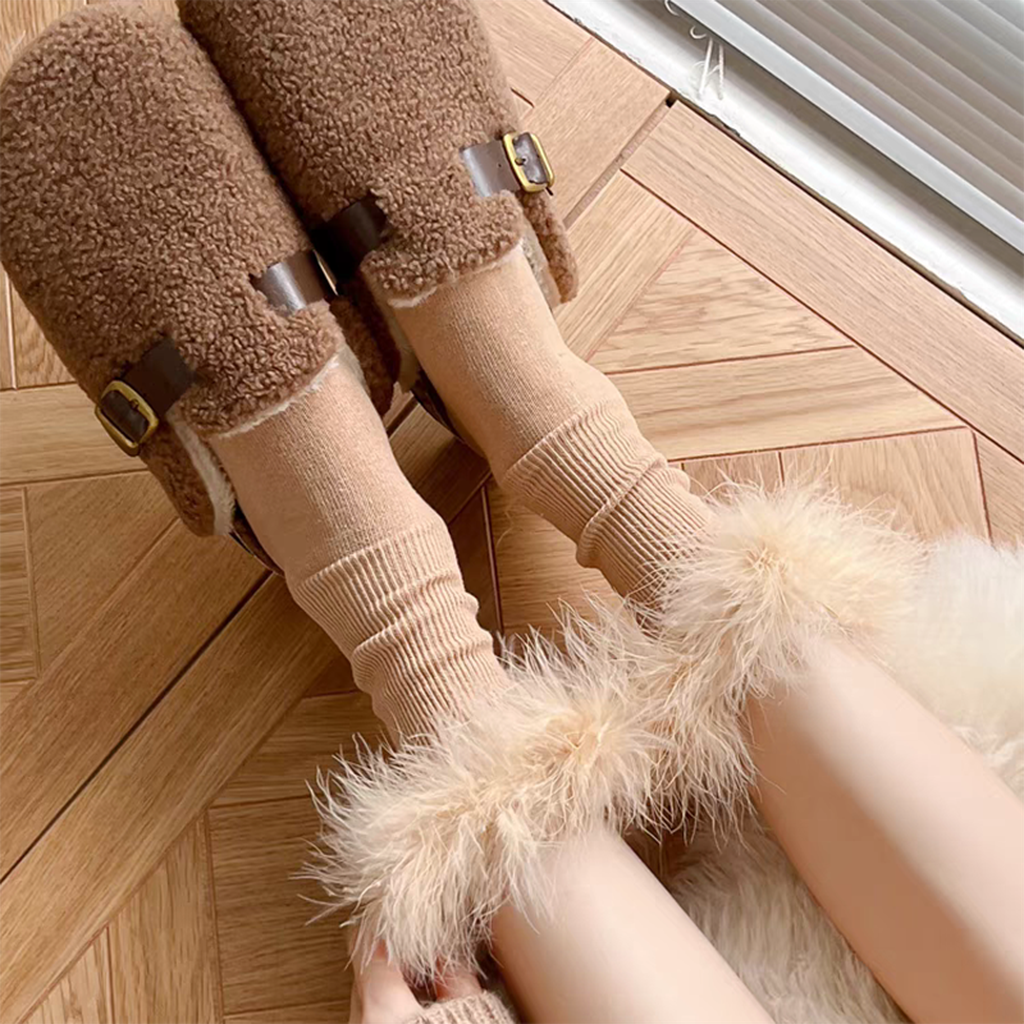 Faux Fur Crew Socks - Camel