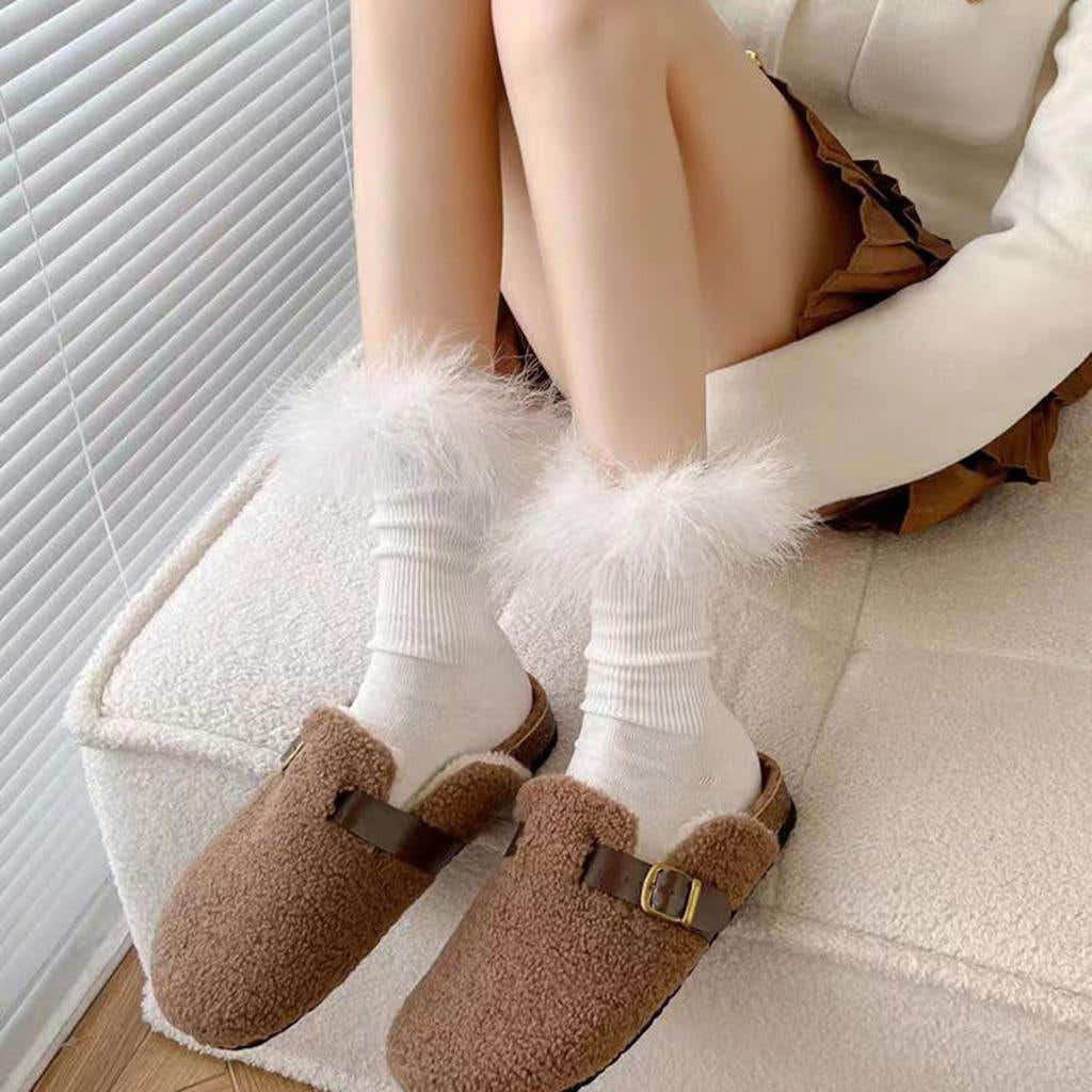 Faux Fur Crew Socks - White