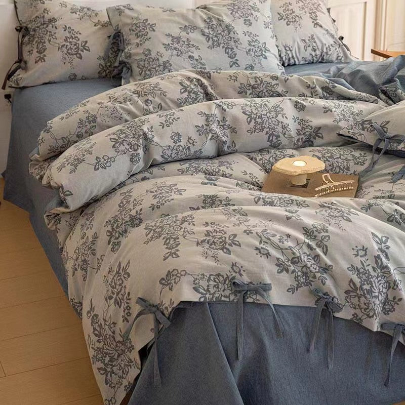 Juego de cama de jacquard floral con pajarita - Azul empolvado
