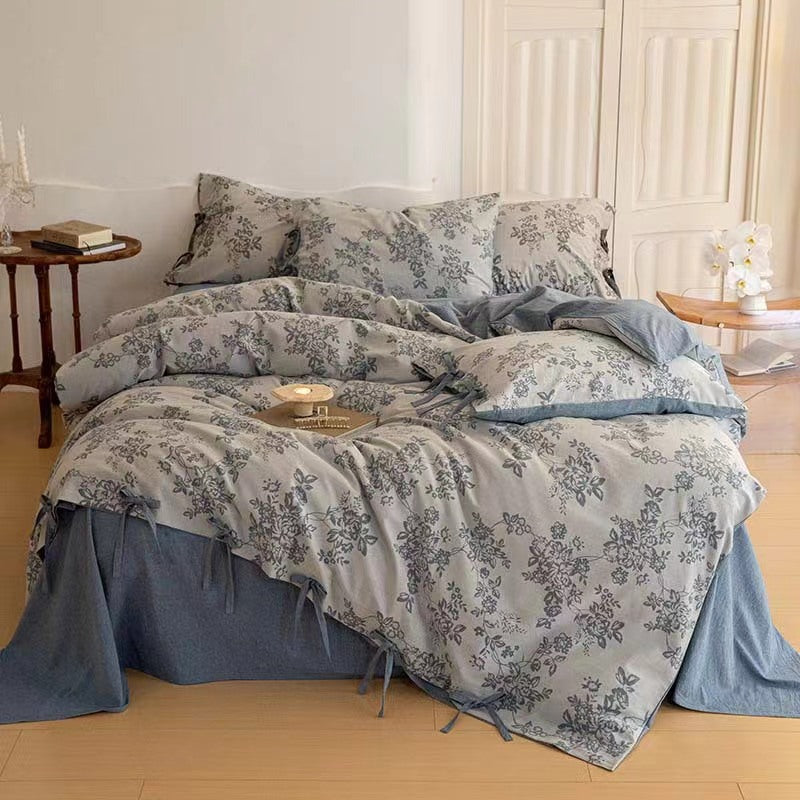 Juego de cama de jacquard floral con pajarita - Azul empolvado