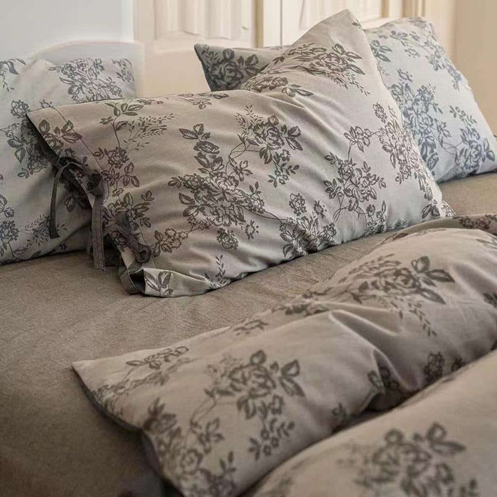 Floral Jacquard Bedding Set with Bow Tie - Grey