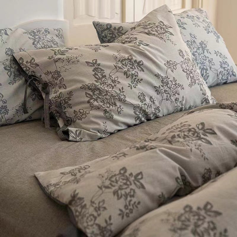 Floral Jacquard Bedding Set with Bow Tie - Grey
