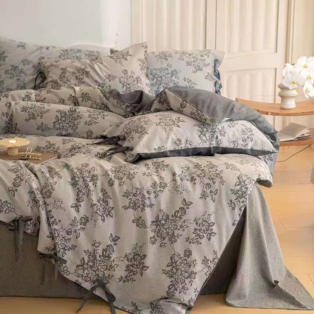 Floral Jacquard Bedding Set with Bow Tie - Grey