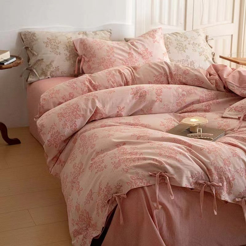 Juego de cama de jacquard floral con pajarita - Rosa