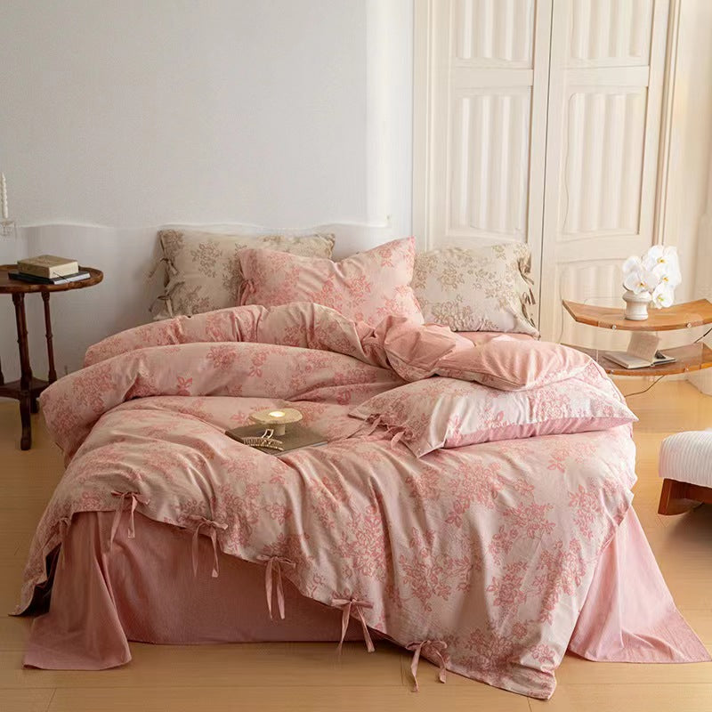 Juego de cama de jacquard floral con pajarita - Rosa