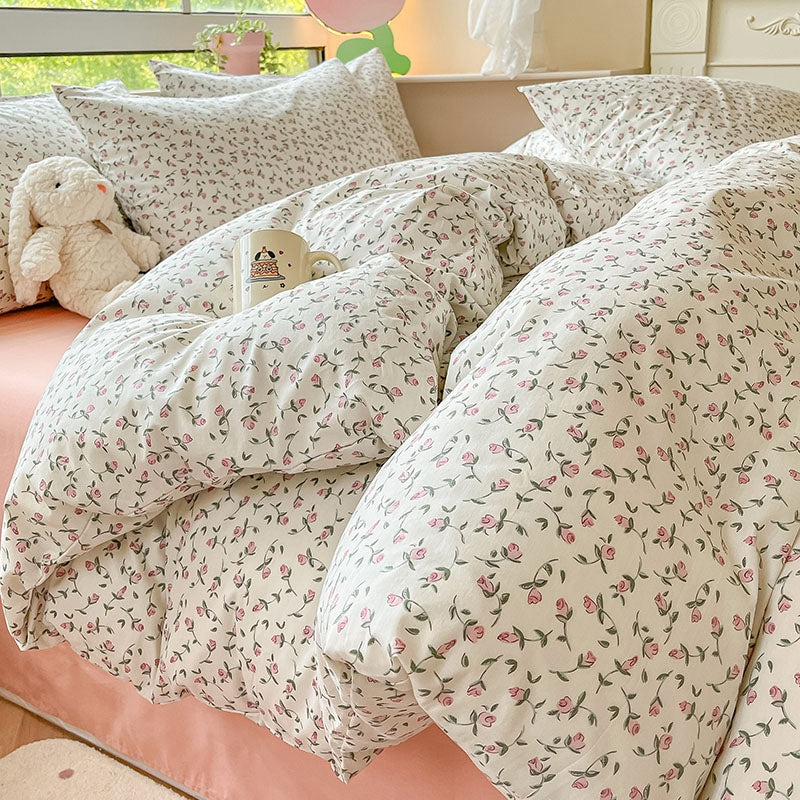 Juego de cama de sarga de algodón con estampado floral - Rosa rosa (sin relleno)