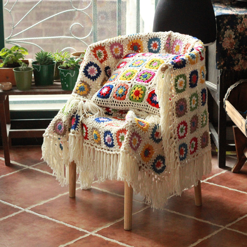 Hand Made Granny Square Crochet Blanket With Tassels