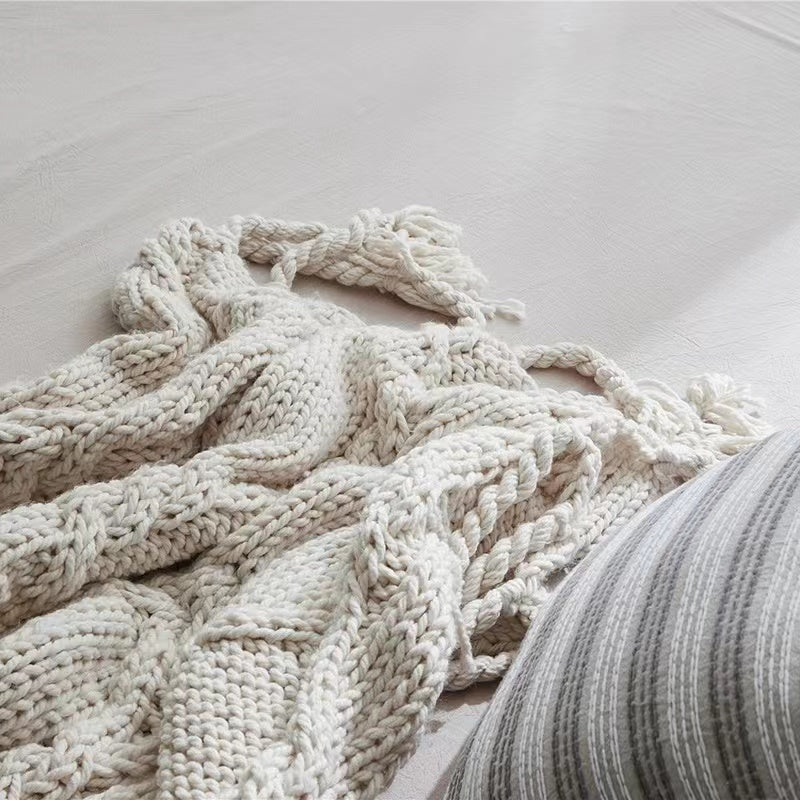 Handmade Chunky Knitted Blanket with Tassels