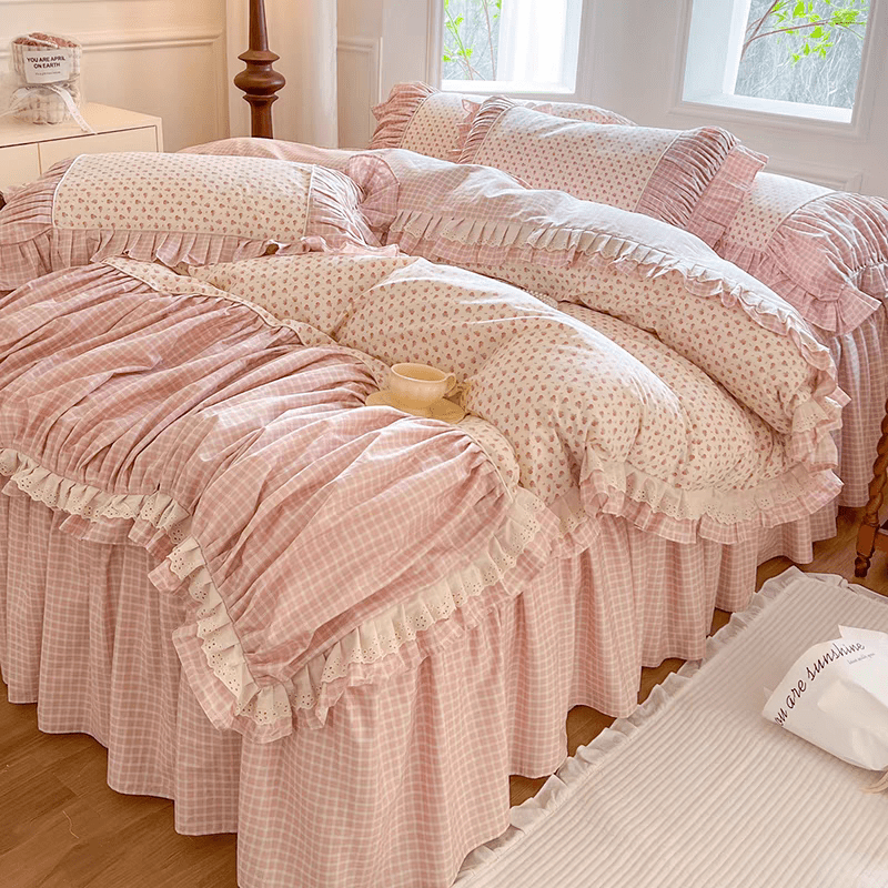 Juego de cama con estampado floral de cuadros rosas y florecitas (sin relleno)