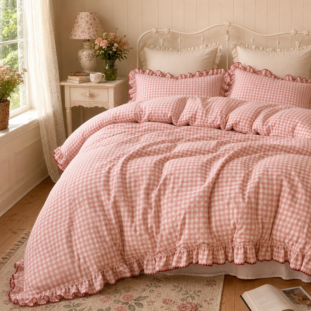 Pink Gingham Ruffle Duvet Cover Set Pinterest image