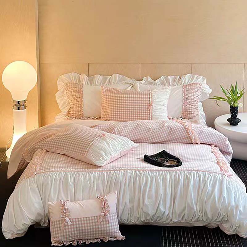 Juego de cama fruncido de cuadros vichy rosas con lazo (sin relleno)