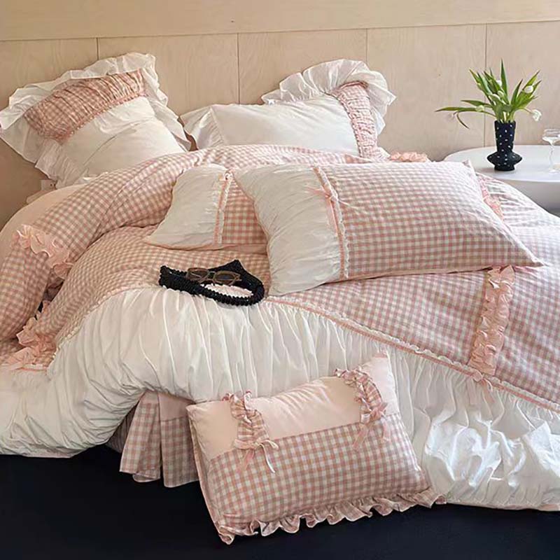 Pink Gingham with Bow Ruched Bedding Set
