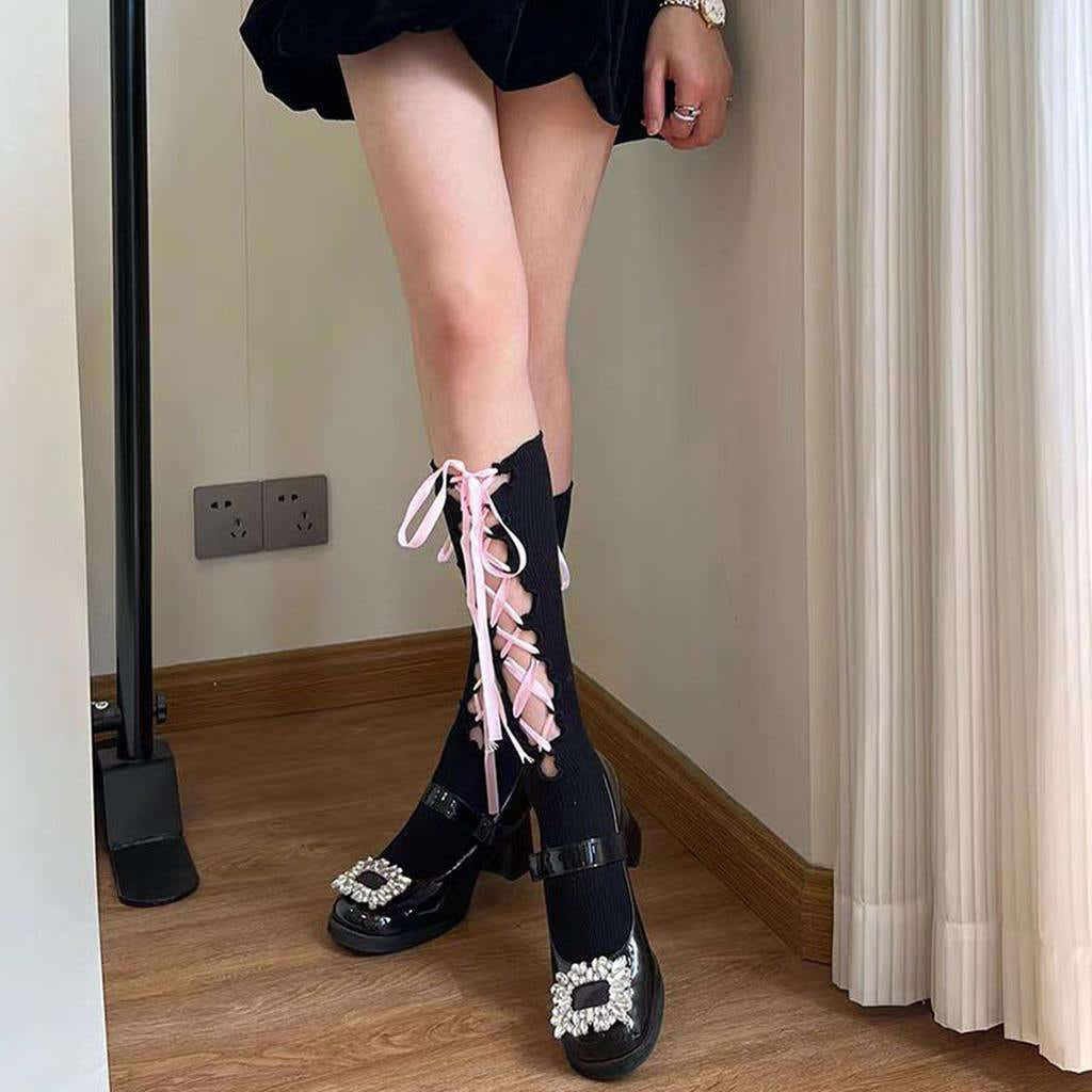 Pink Lace-up Calf Socks