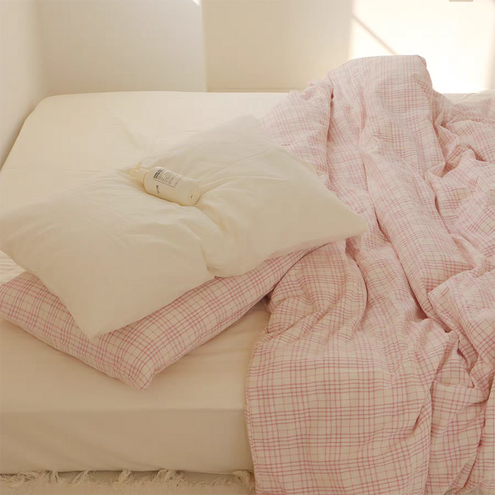 Soft Pink Plaid Cotton Bedding Set