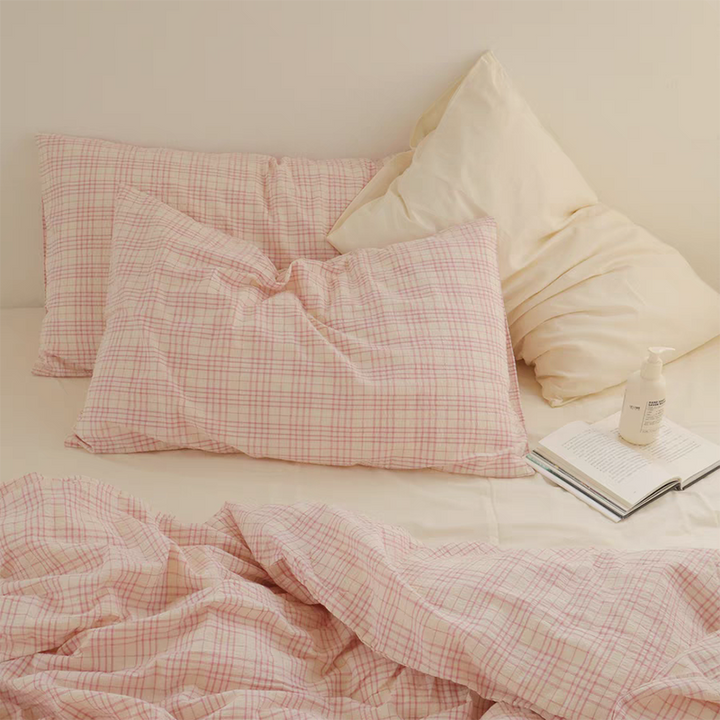 Soft Pink Plaid Cotton Bedding Set