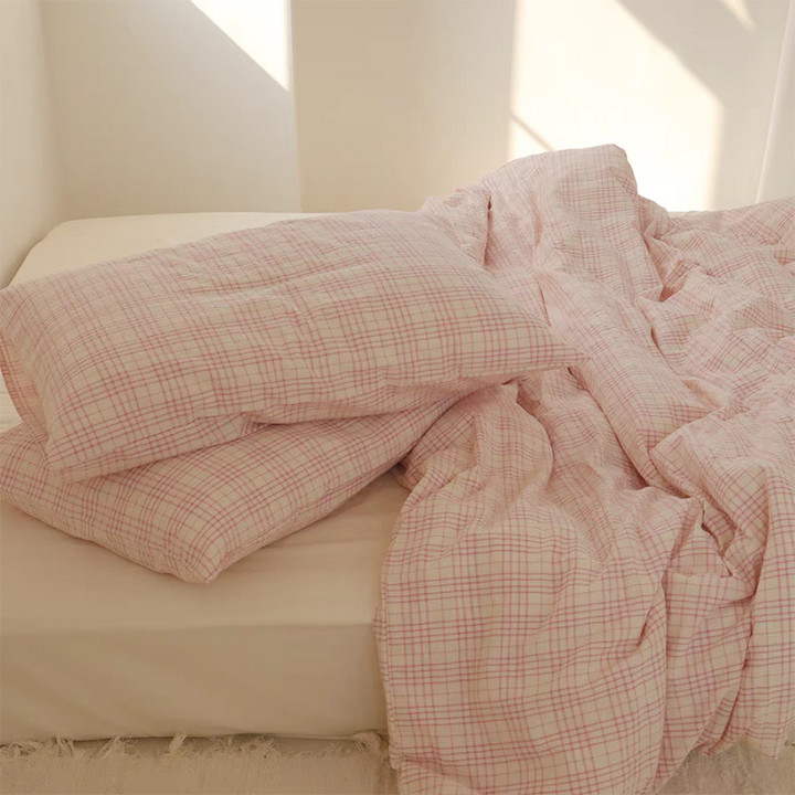 Soft Pink Plaid Cotton Bedding Set