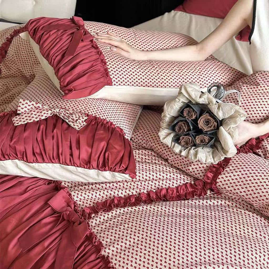 Red Heart Ruched Bow Bedding Set