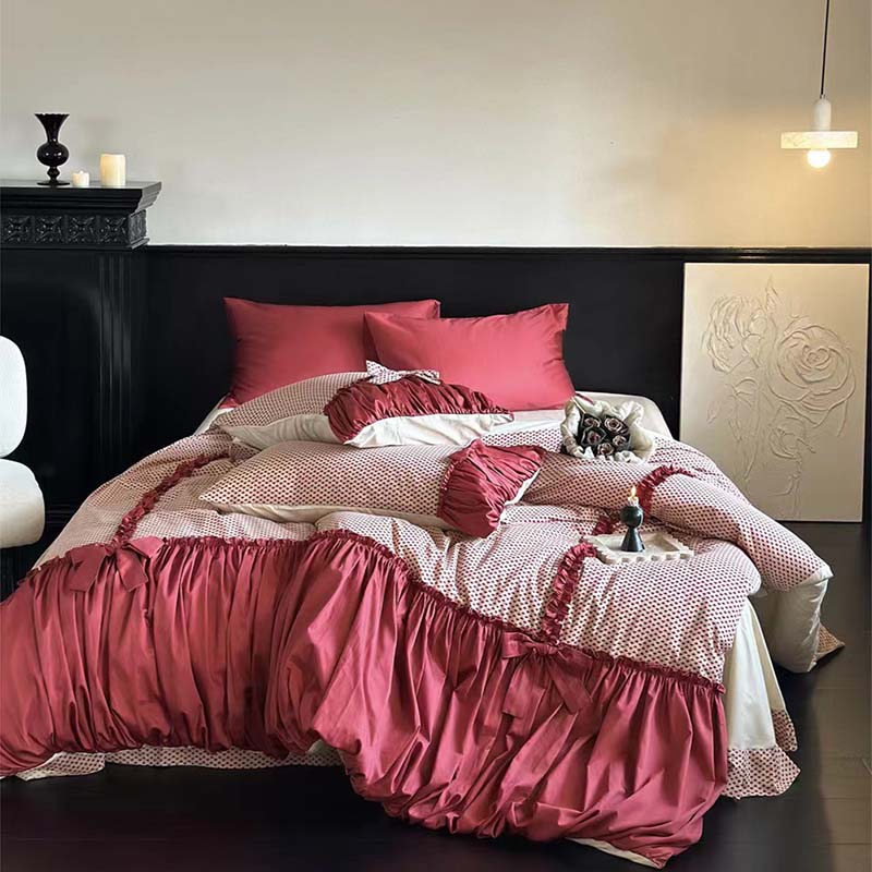 Red Heart Ruched Bow Bedding Set