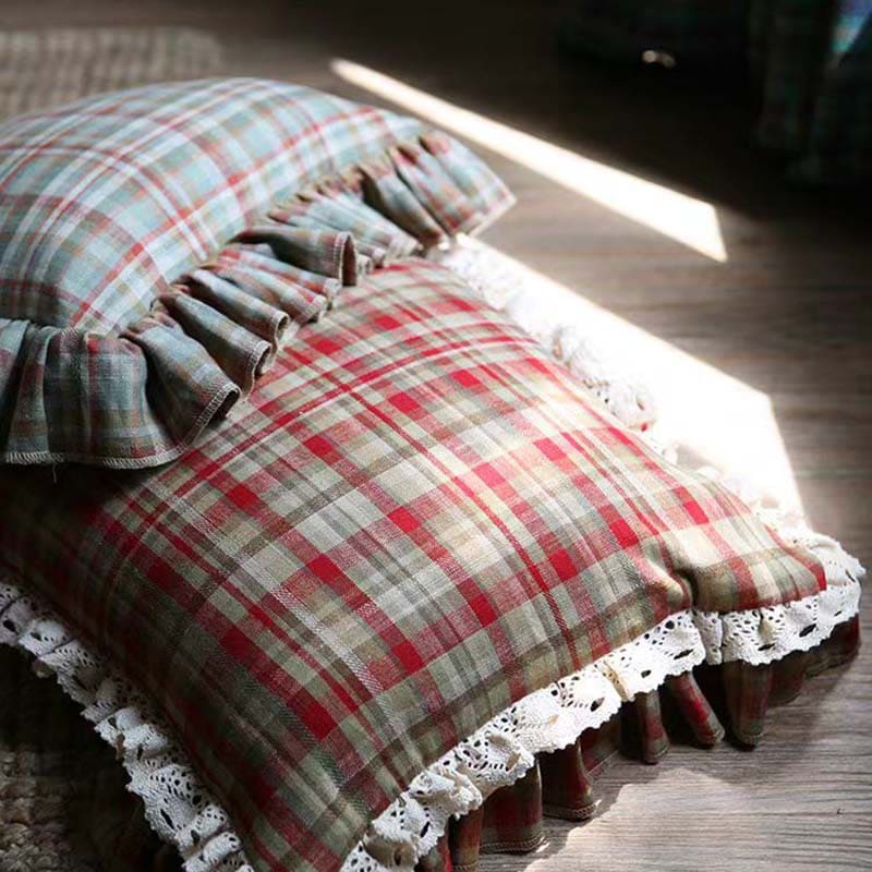 Red Plaid Throw Pillow with Ruffle