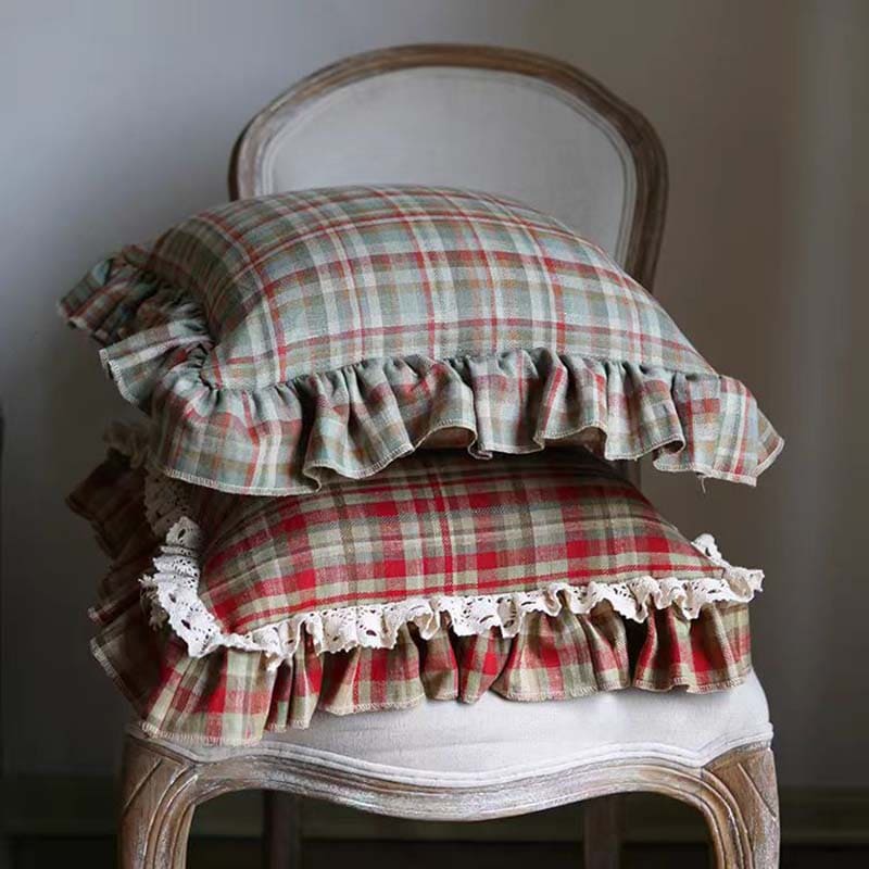 Red Plaid Throw Pillow with Ruffle