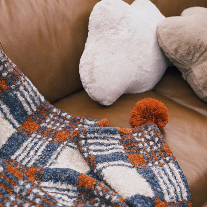 Retro Plaid Blanket with Pom-pom