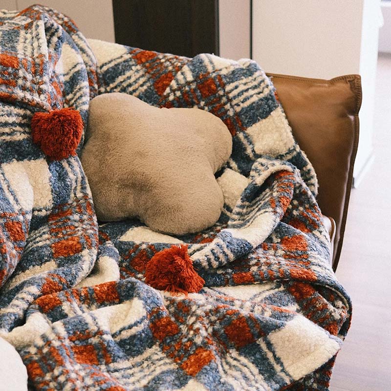 Retro Plaid Blanket with Pom-pom