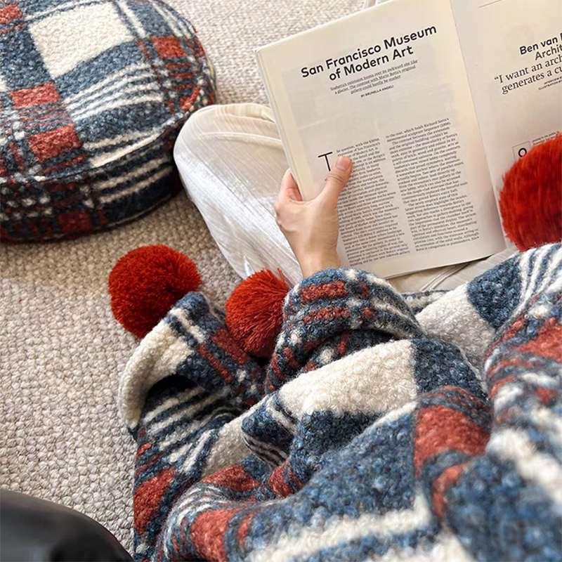 Retro Plaid Blanket with Pom-pom