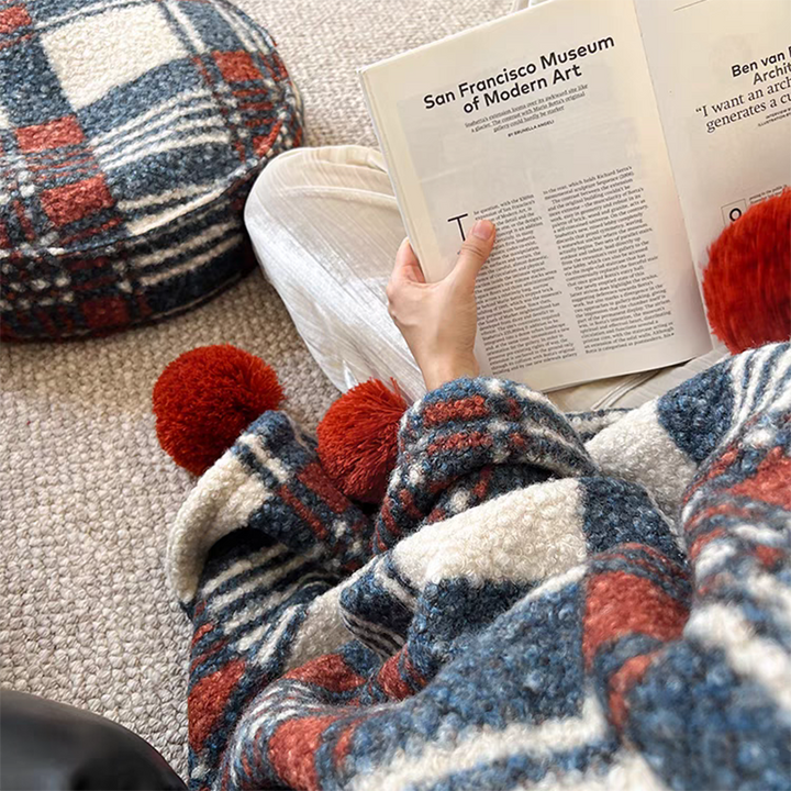 Retro Plaid Blanket with Pom-pom