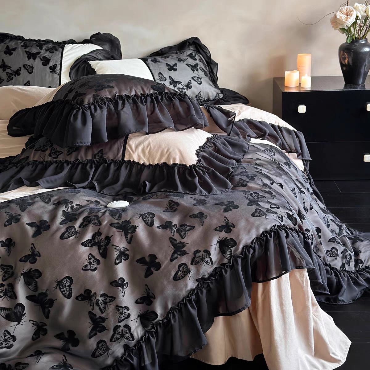 Juego de cama romántico con bordado de mariposas (sin relleno)