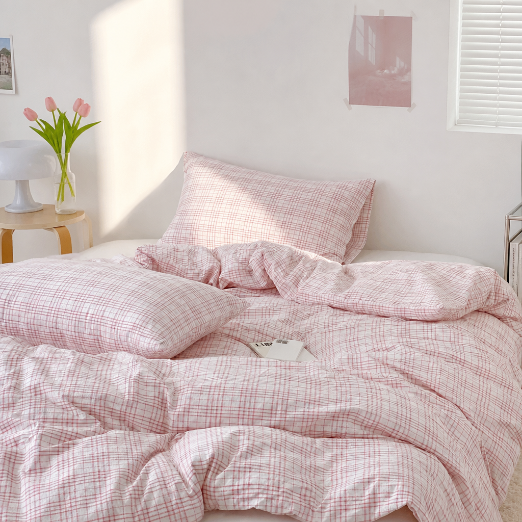Soft Pink Plaid Cotton Duvet Cover Pinterest image