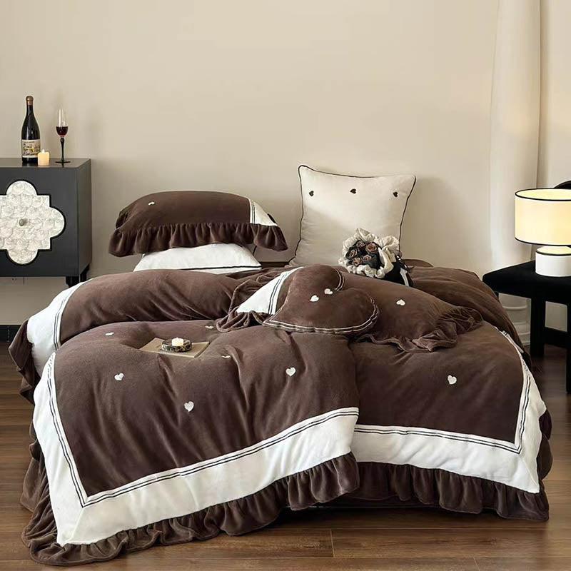 Velvet Heart Embroidery Ruffle Bedding Set - Chocolate Brown